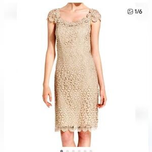 Betsy & Adam sz 4 Women’s Lace Midi Dress Cream beige gold sheath bodycon fit